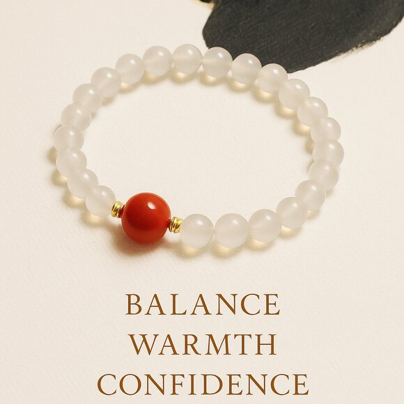 Natural Red Agate Bracelet Icy South Red Agate with Deep Red Center Bead - Picture 7 of 8